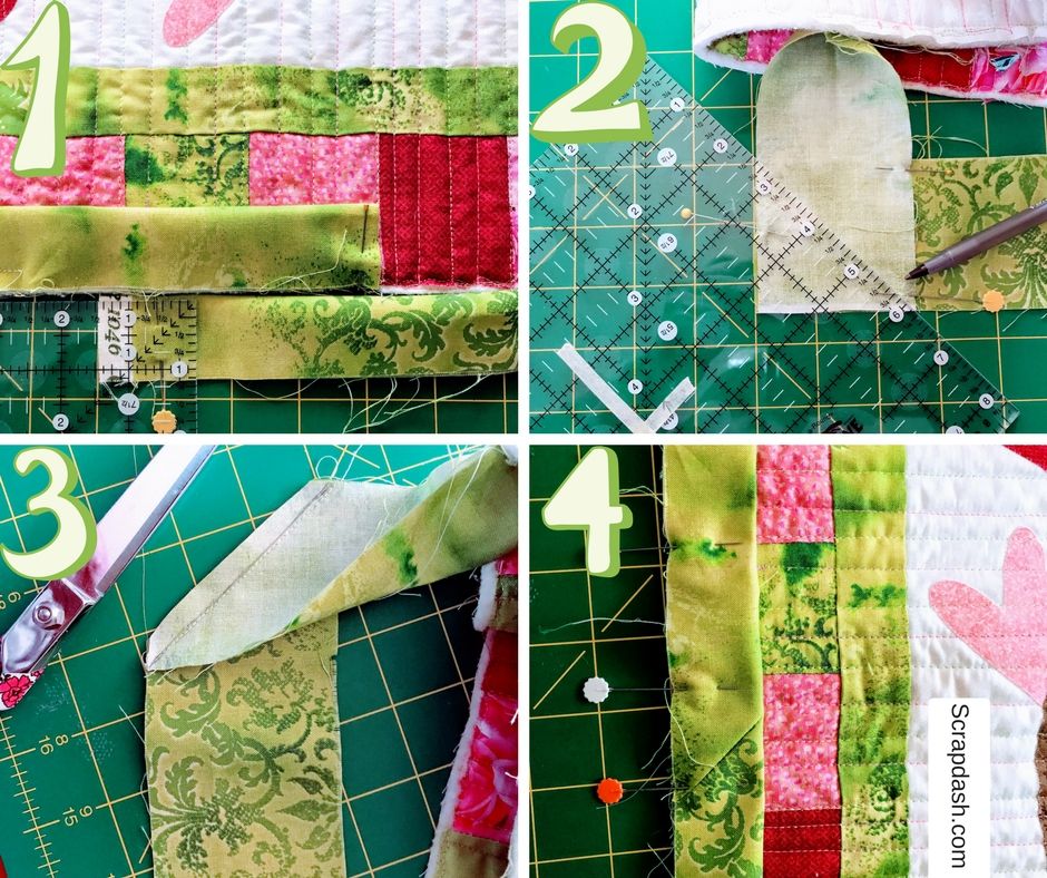 Illustration of the 4 steps you need to take to finish the binding on your quilt