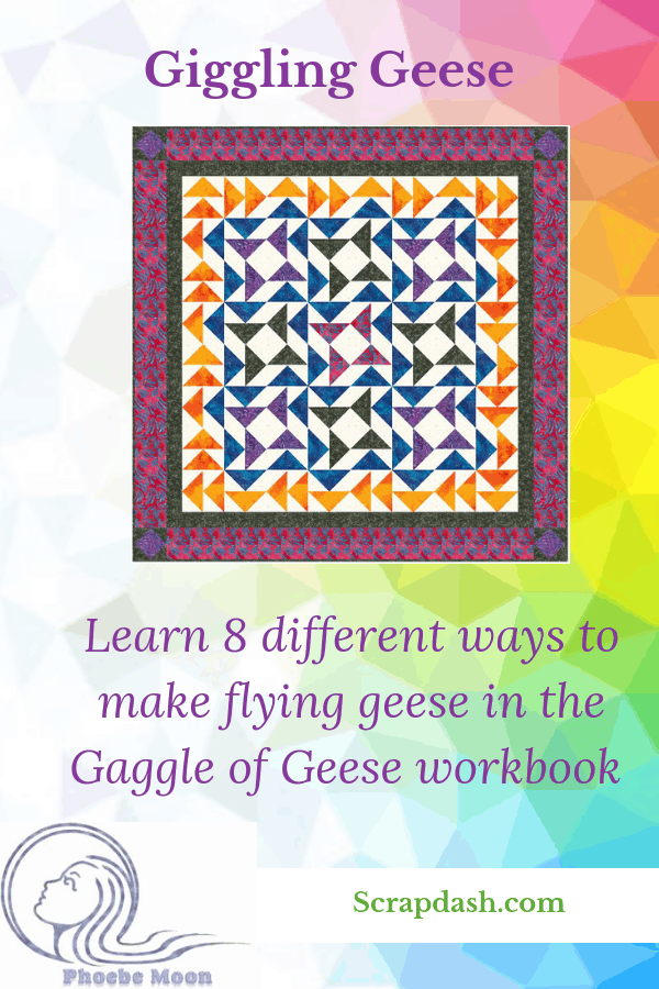 One of the patterns in the Gaggle of Geese E book, a book that teaches 8 different methods to make Flying Geese Quilt Blocks. #quilt #quiltblock #flyinggeese #scrapdash