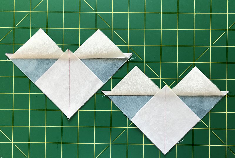 Picture showing the third step in making Flying Geese blocks using the Wing Clipper or No Math ruler.
