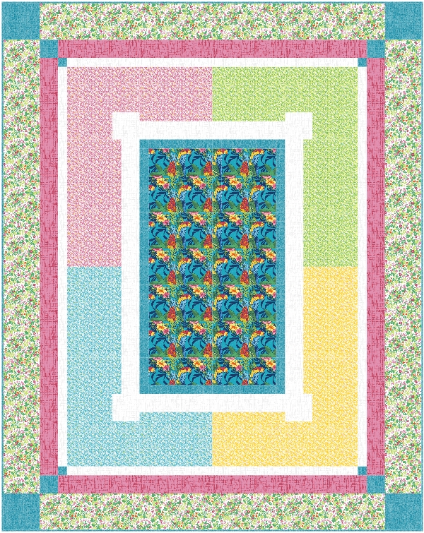 This happy quilt features your favorite fabric or panel in the center and surrounds it with pretty fabrics to grow your garden. Ideal for beginners. Gather your pretty floral fabrics and have a party! Finishes approx 69" x 87".