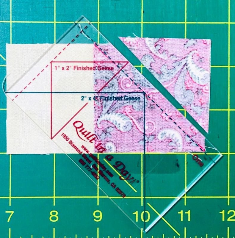 The Second Step in Making a Flying Goose Quilt Block using Squares