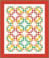 Colorful geometric quilt pattern with red, green, yellow, and orange triangles and squares on white background, surrounded by a red border.