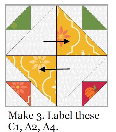 Colorful quilt block with orange, green, yellow, red, and white fabric pieces, showcasing a pieced and appliqué design for scrap dash quilting projects.