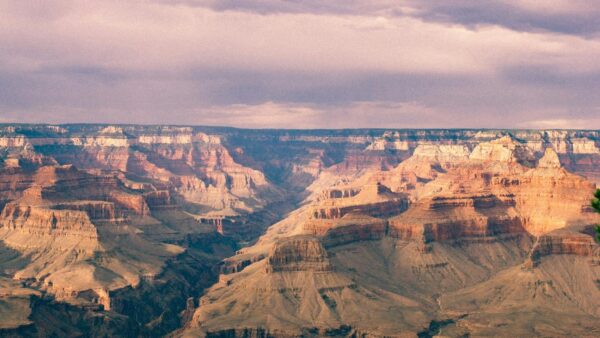 Captivating panoramic view of the Grand Canyon's colorful rock layers under the soft sunset glow by Josh Sorenson