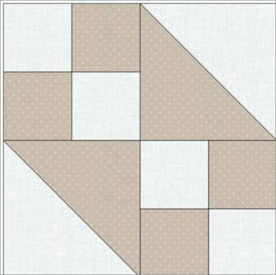 Scrapdash quilt block pattern with beige and white geometric design featuring squares and triangles. Perfect for DIY quilting projects and sewing enthusiasts.