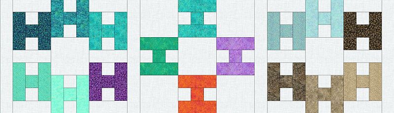 A digital quilt design with five vertical blocks, each featuring the letter H in different fabric patterns and colors including teal, purple, orange, blue, brown, and beige, arranged in a row on a light background.