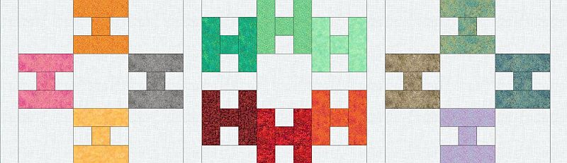 Three quilt blocks from Hello Quilt Mystery Clue Six are arranged side by side, each featuring interlocking rectangles and squares in vibrant orange, green with red, and blue with purple on a light background.