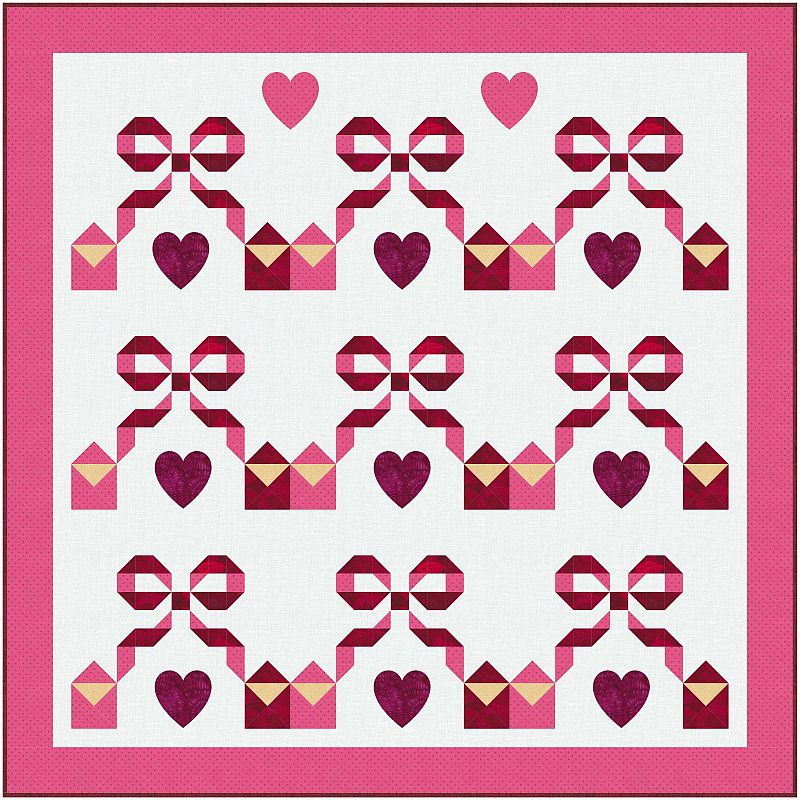 A quilt with a white background and pink border features rows of pink bows, hearts, and gift box patterns in varying shades of pink and red.
