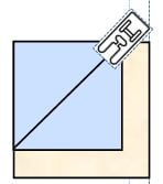 A blue square inside a larger beige square, rotated so their corners touch. A rectangular tag with circuit-like lines is attached to the upper right corner of the blue square.