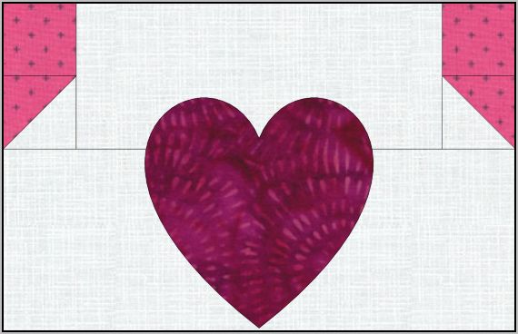 Love-Letters-Heart-Applique Quilt block design featuring a large purple heart in the center on a white textured background, with pink triangle corners in the top left and right.