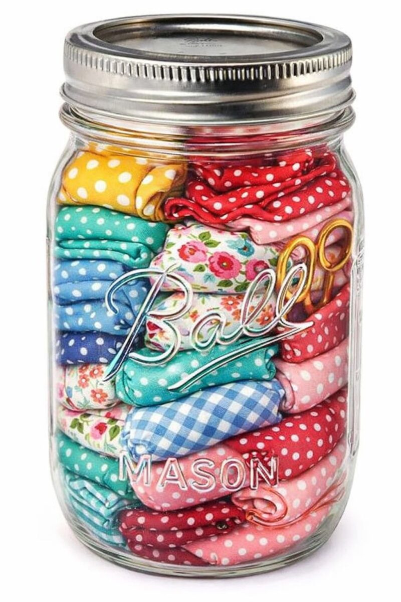 A mason jar filled with neatly folded, colorful patterned fabric squares and a pair of small gold scissors. The fabrics feature polka dots, florals, and checks in various bright colors.