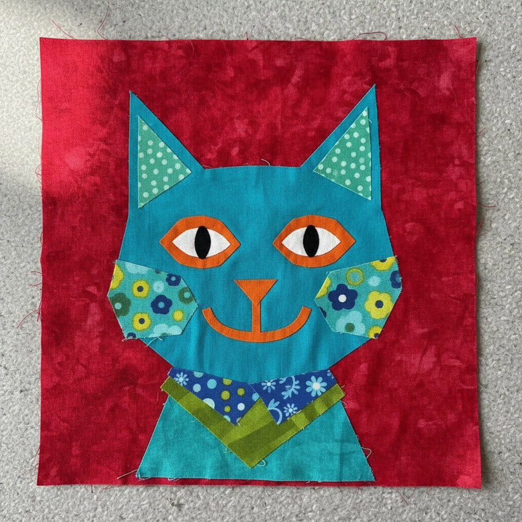 A colorful quilt block featuring a blue cat with green and patterned patches, orange eyes and mouth, and a red background. The cat has a friendly, whimsical expression.