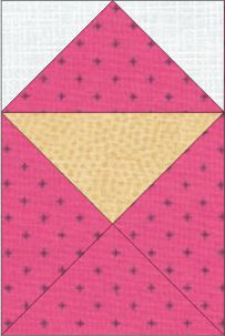 love-letter-pink-corner A Love Letters Quilt Block featuring a pink envelope shape with a yellow flap in the center on a white background, crafted from geometric triangles and rectangles.