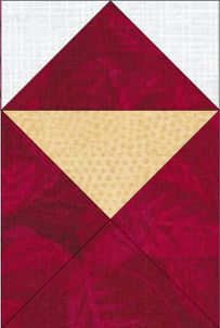 love-letter-red-corner A Love Letters Quilt Block featuring a red triangle on top, a beige triangle below it forming an arrow shape, and a red background with white at the top, divided into geometric sections.