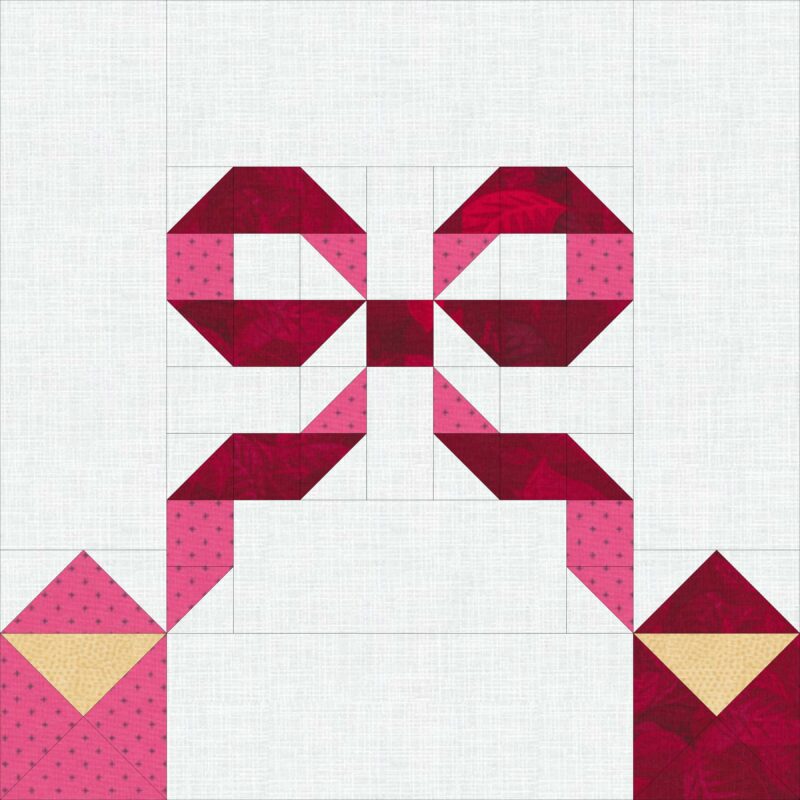 love-letters-block A Love Letters Quilt Block design featuring a large pink and red bow with geometric shapes on a light gray background, accented by pink and yellow shapes in the bottom corners.