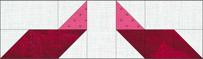 love-letters-middle A quilt block pattern with two stylized high-heeled shoes, made from red and pink fabric pieces on a white background, arranged symmetrically facing each other.