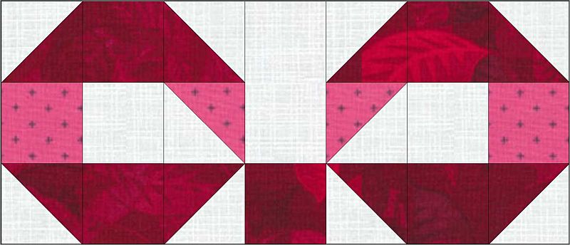 love-letters-top A quilt block pattern featuring white, pink, and burgundy geometric shapes arranged to form two interlocking rings on a rectangular grid.