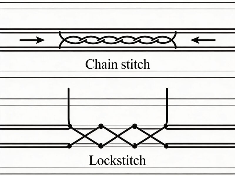 Diagram comparing chain stitch and lockstitch. The chain stitch shows looping threads, while the lockstitch shows two threads interlocking in an X pattern. Labels identify each stitch.