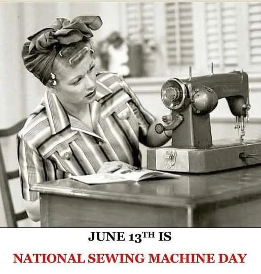 A black-and-white photo of a woman in vintage clothing looking confused at a sewing machine. Text below reads June 13th is National Sewing Machine Day in bold red and black letters.