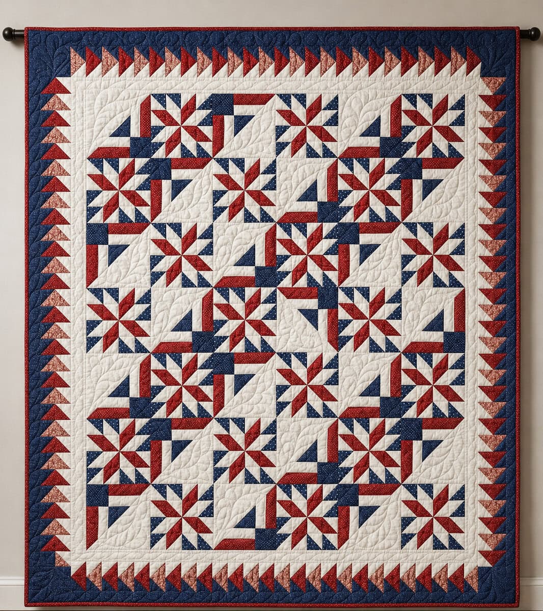 Quilt hanging on a wall, featuring intricate geometric patterns in red, white, and blue, with pinwheel and star motifs and a bold triangular border.