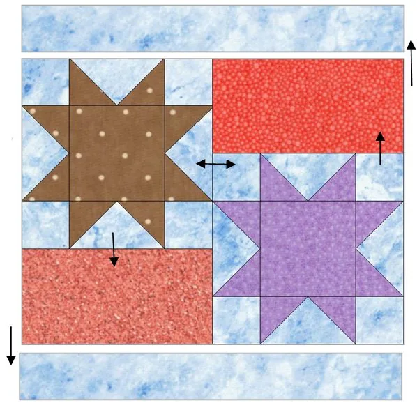 SeaStar-layout A quilt block layout with two star patterns—one brown with polka dots and one purple—set among red and textured rectangles, bordered by blue marbled strips. Black arrows indicate assembly directions for the Sea Star Quilt Block.