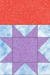 A Sea Star Quilt Block featuring a red, speckled top band and a large purple eight-pointed star shines on a light blue marbled background, all divided by thin black lines.