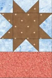 The Sea Star Quilt Block features a brown star with white dots on a blue marbled background, positioned above a solid pinkish-red textured section.