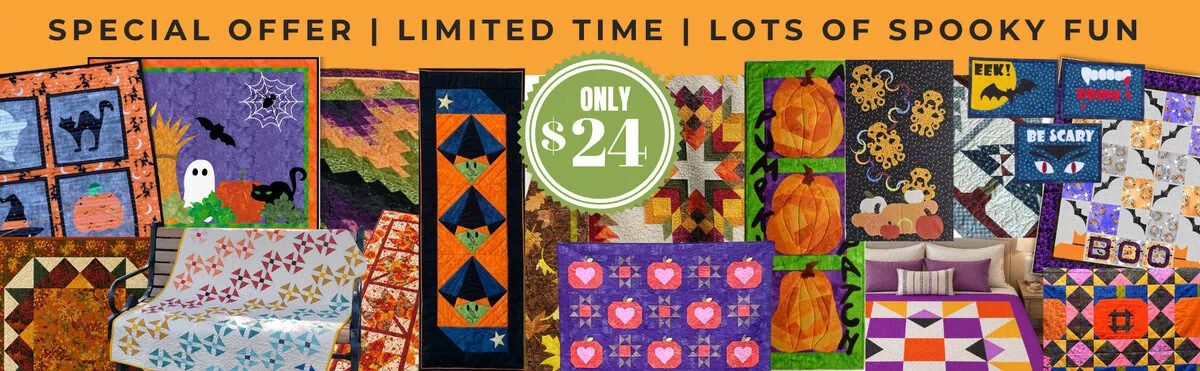 Colorful Halloween-themed quilts featuring ghosts, pumpkins, bats, and stars bring the spirit of Autumn Haunts right into your home. Banner text reads: Special Offer | Limited Time | Lots of Spooky Fun. Only $24. Each quilt is layered for a festive, cozy display—perfect for bundling up in seasonal pattern and style.