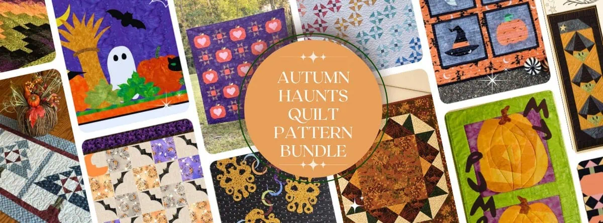 A collage of Halloween and autumn-themed quilt patterns with pumpkins, ghosts, bats, and fall colors. Center text reads: Autumn Haunts Quilt Pattern Bundle..