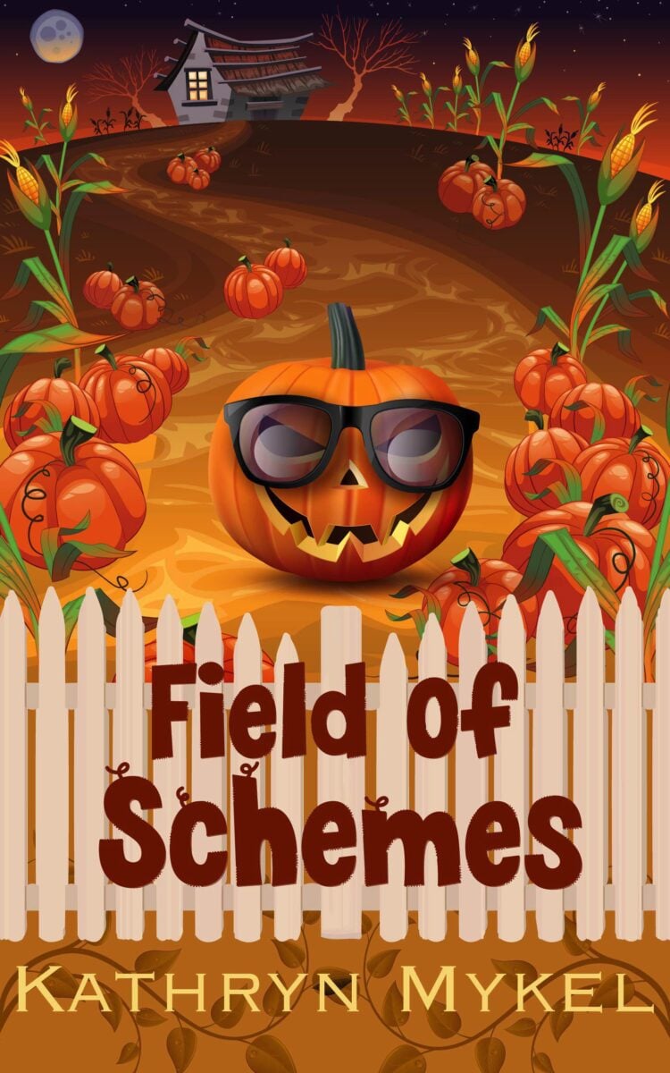 Field-of-Schemes Book Cover A pumpkin with glasses smiles behind a white fence in a pumpkin patch. More pumpkins, a swirling path, and a spooky house appear in the background, capturing the whimsical spirit of Autumn Haunts. Text reads Field of Schemes by Kathryn Mykel—a delightful quilt pattern to add to your seasonal bundle.