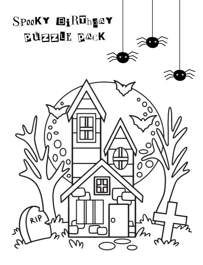 Spooky-Birthday-Puzzle-Pack A haunted house with bats, trees, a full moon, gravestones, and three hanging spiders sets the scene for this Spooky Birthday Puzzle Pack in a mix of playful fonts. Perfect for fans of Autumn Haunts or anyone seeking a unique pattern bundle for seasonal celebrations.