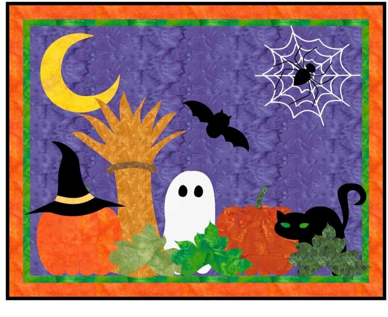 A Halloween scene with a ghost, pumpkins (one with a witch hat), a black cat, bat, spider web, moon, and autumn leaves arranged in a playful pattern on a purple background with orange and green borders. This festive design captures the spirit of autumn—a perfect bundle of spooky delights for the season.
