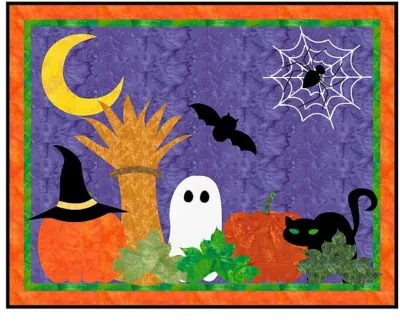A Halloween scene with a ghost, pumpkins, a black cat, a witch hat, a bat, a crescent moon, a spider web, and green vines on a purple background with an orange and green border—perfect inspiration for Halloween Quilt Patterns for Every Kind of Quilter.